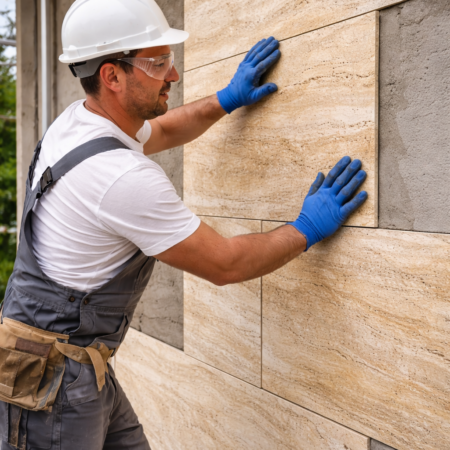 Монтаж травертина - гранит