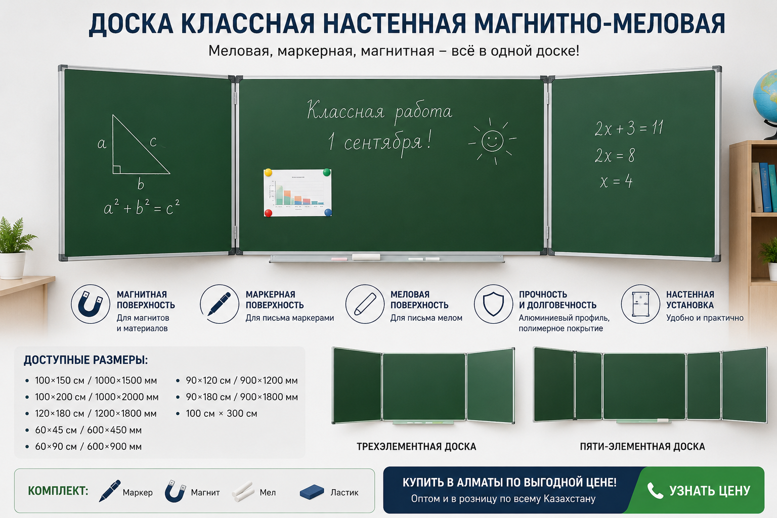 Доска настенная меловая маркерная